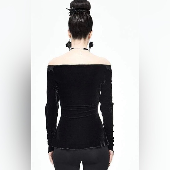 Devil Fashion Gothic Velvet Off Shoulder Top XS S Black Sheer Lace NWT - Picture 3 of 13